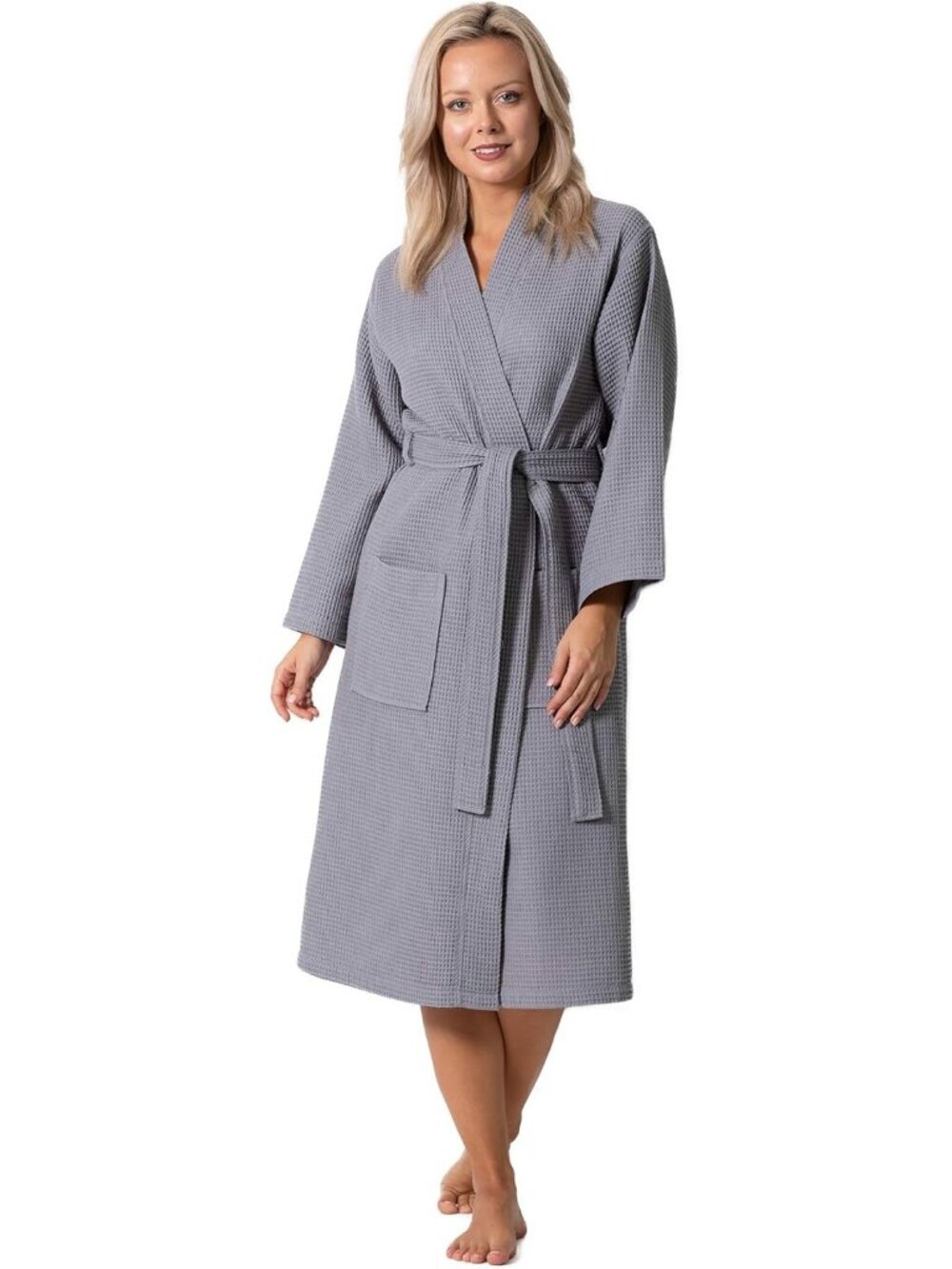 〽️Women's Bathrobe Gray Waffle Knit Long Sleeves Kimono Spa Quick Dry Soft Robe